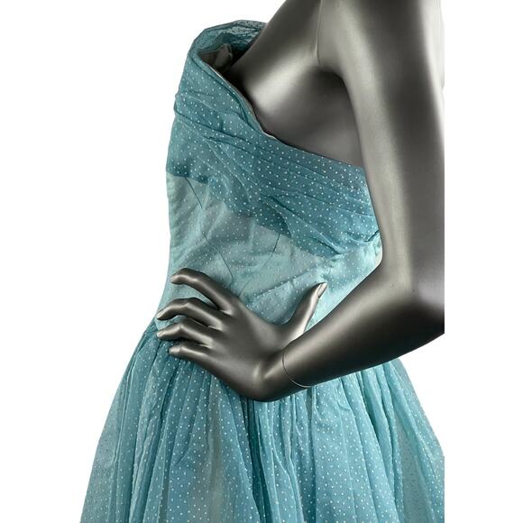 Vintage 1950s Baby Blue Strapless Gown with White Swiss Dots Bolero Shrug Small - Picture 5 of 7